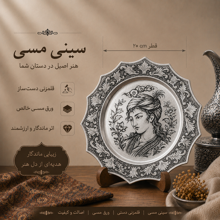 بشقاب قلمزنی مسی طرح نگارگری