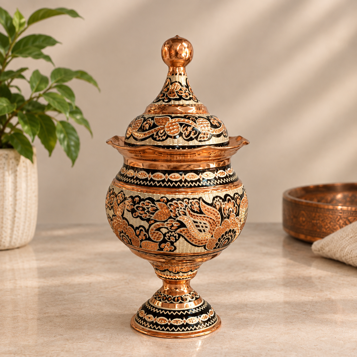 قندان نقره کوب مسی پایه دار