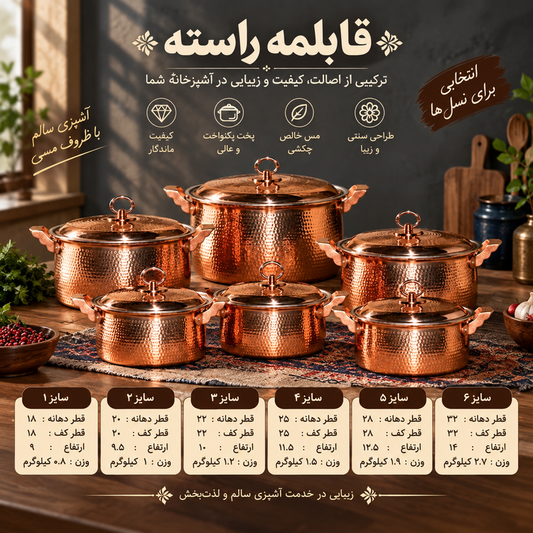 قابلمه مسی راسته چکشی در ۶ سایز بصورت تک و ست