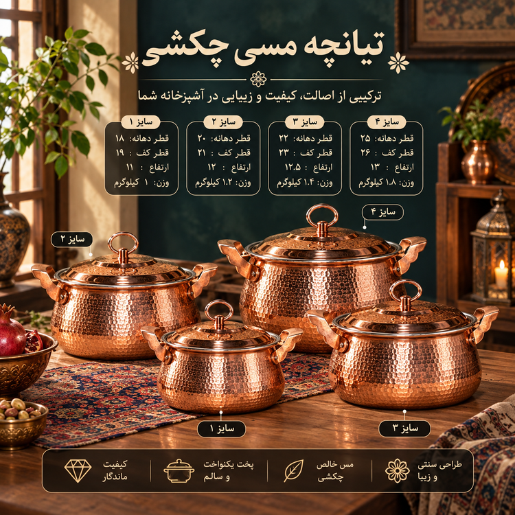تیانچه مسی چکشی در ۴ سایز بصورت تک و ست
