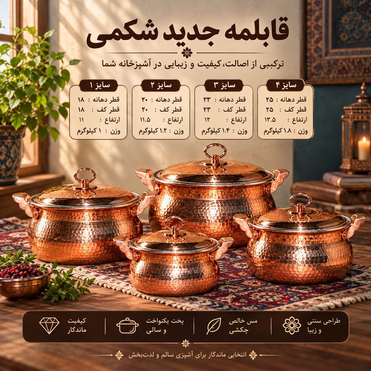 قابلمه شکمی مسی چکشی در ۴سایز بصورت تک و ست