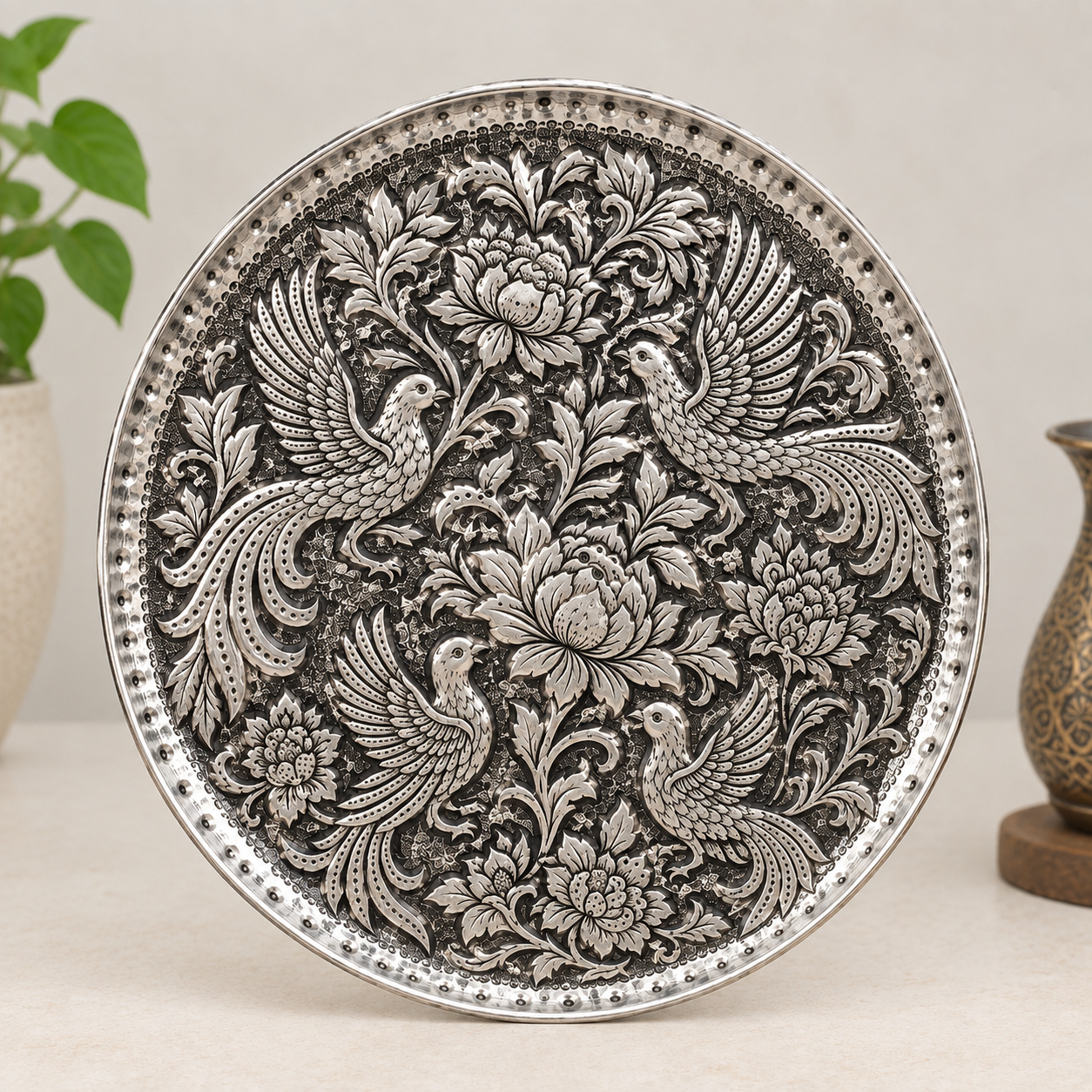 بشقاب قلمزنی مسی طرح گل و مرغ